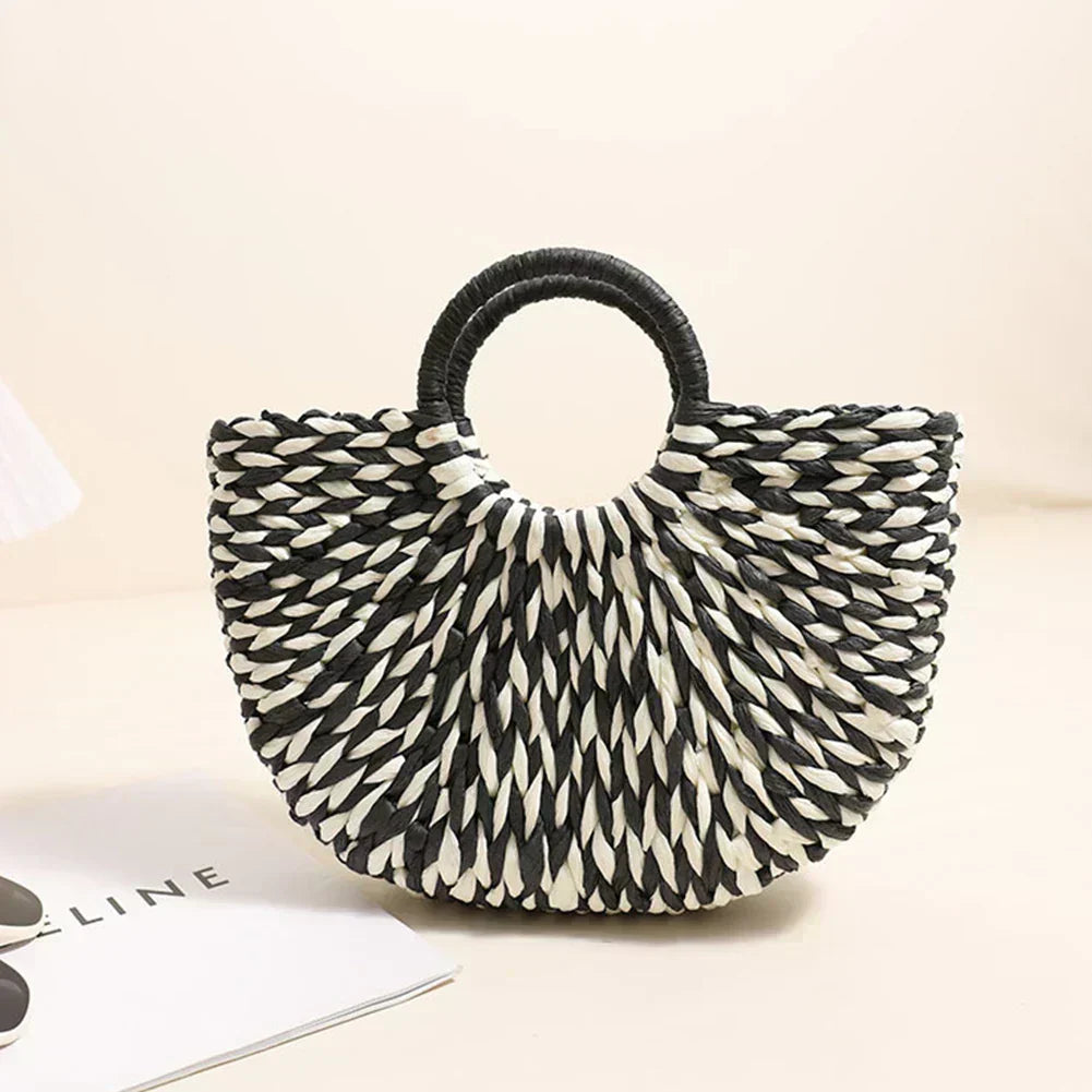 Half-Round Straw Tote Handbag