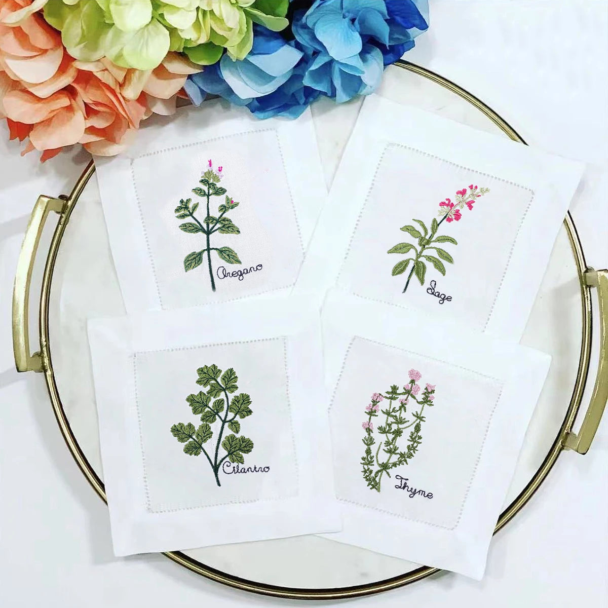 Embroidered Herb Cocktail Napkin